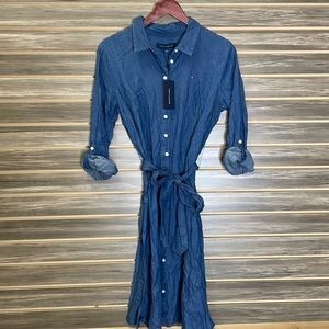 Tommy Hilfiger Button Down Tie Waist Denim Shirt Dress Size 10 Color: Bayside